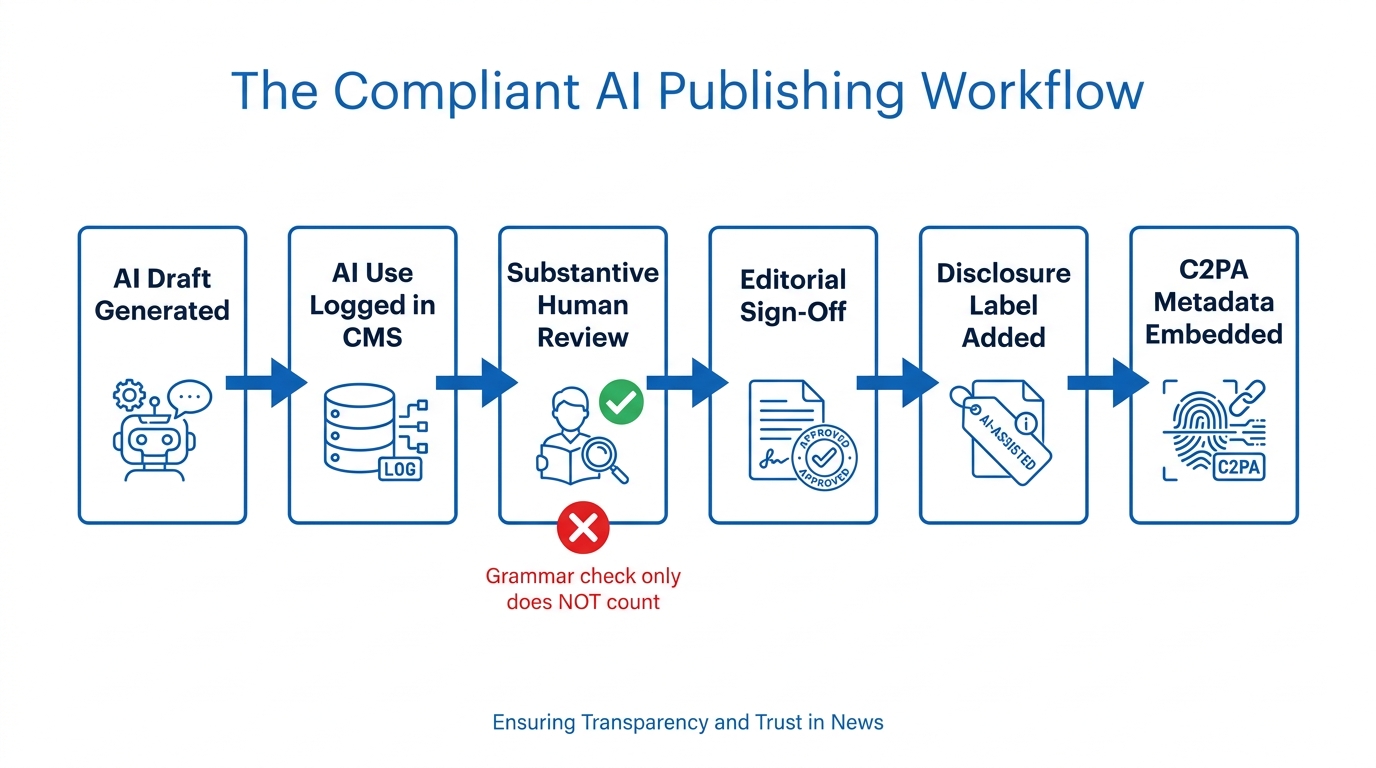 Compliant AI editorial workflow: AI draft, CMS logging, substantive human review, editorial sign-off, disclosure label, C2PA metadata