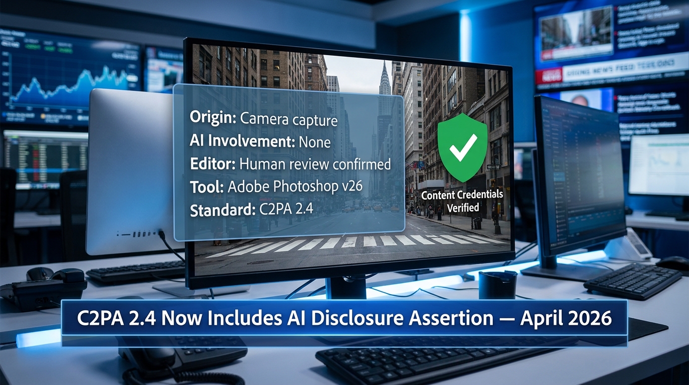 C2PA Content Credentials showing AI disclosure metadata embedded in a news image — the provenance standard for newsrooms