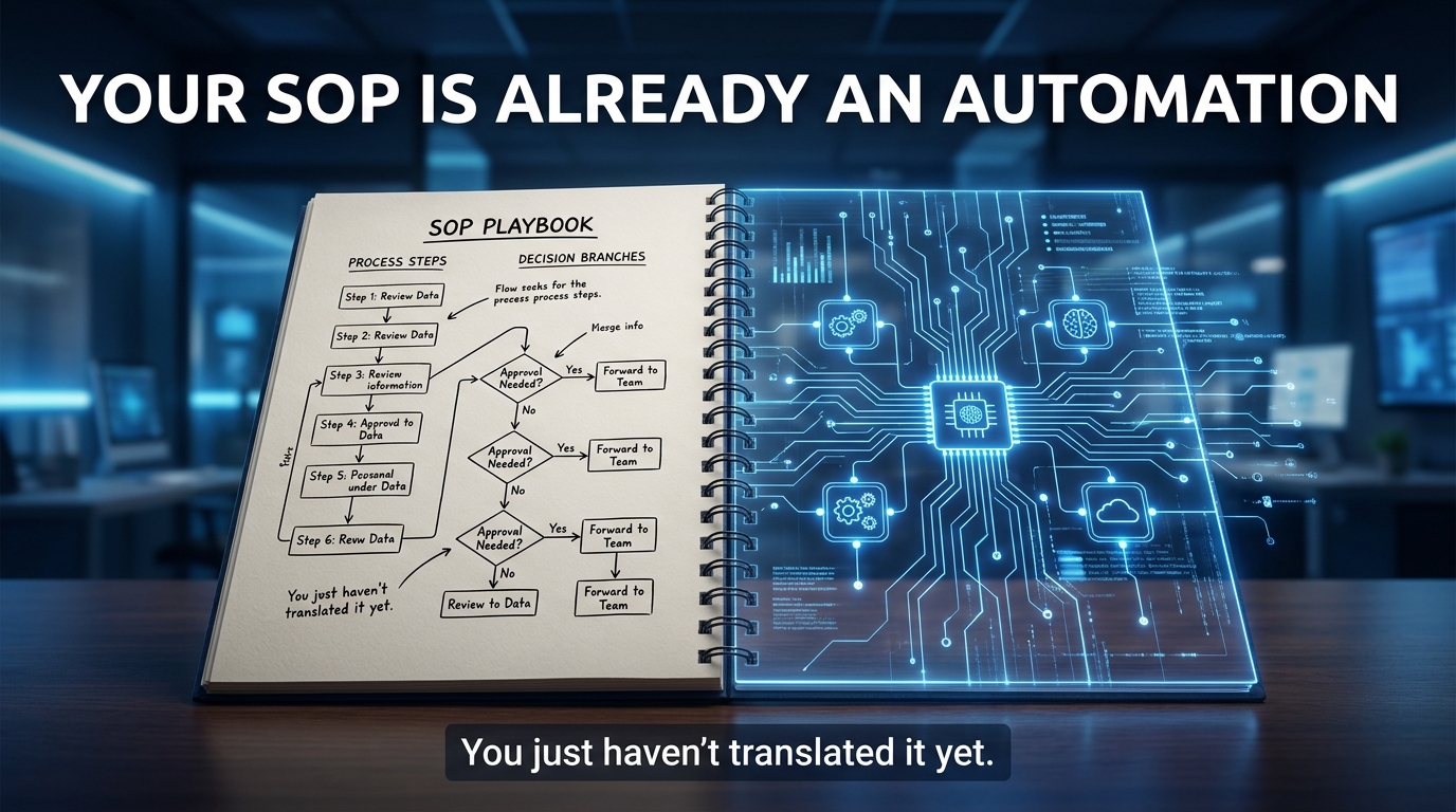 SOP playbook document transforming into AI automation workflow — your SOP is already an automation, you just haven't translated it yet