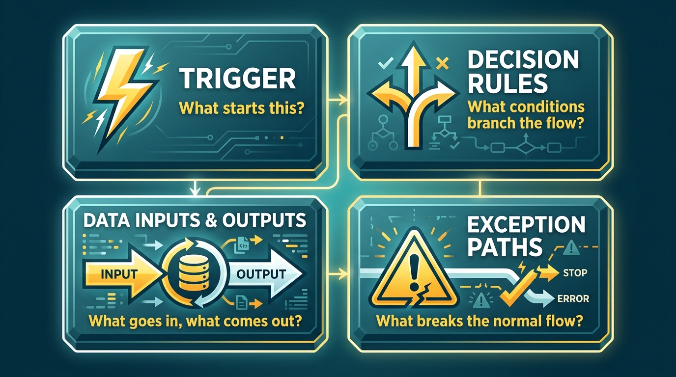The four structural elements every automatable SOP must have: Trigger, Decision Rules, Data Inputs and Outputs, and Exception Paths