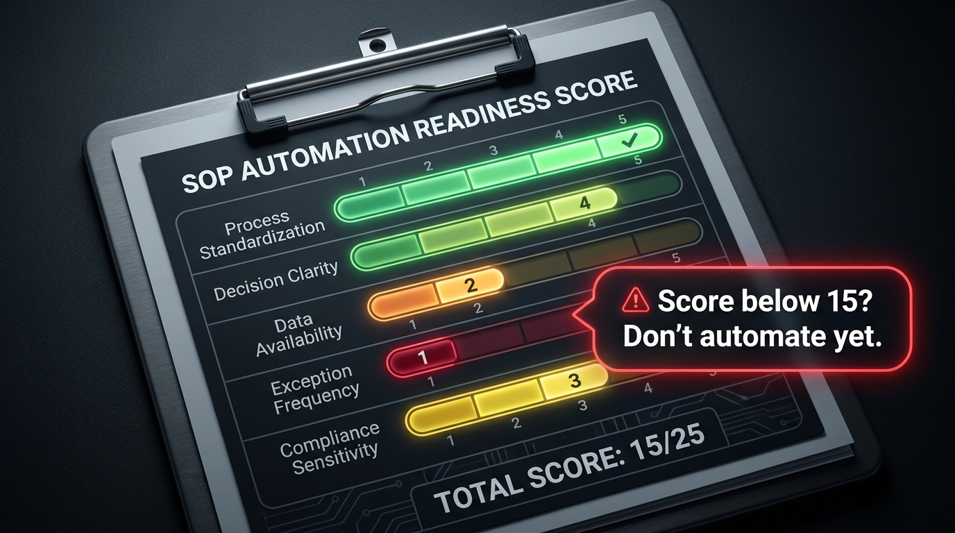 SOP automation readiness scoring scorecard with five dimensions: process standardization, decision clarity, data availability, exception frequency, and compliance sensitivity