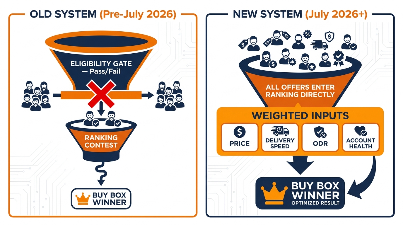 Diagram comparing old Amazon Buy Box two-step eligibility gate system vs new 2026 single-ranking system