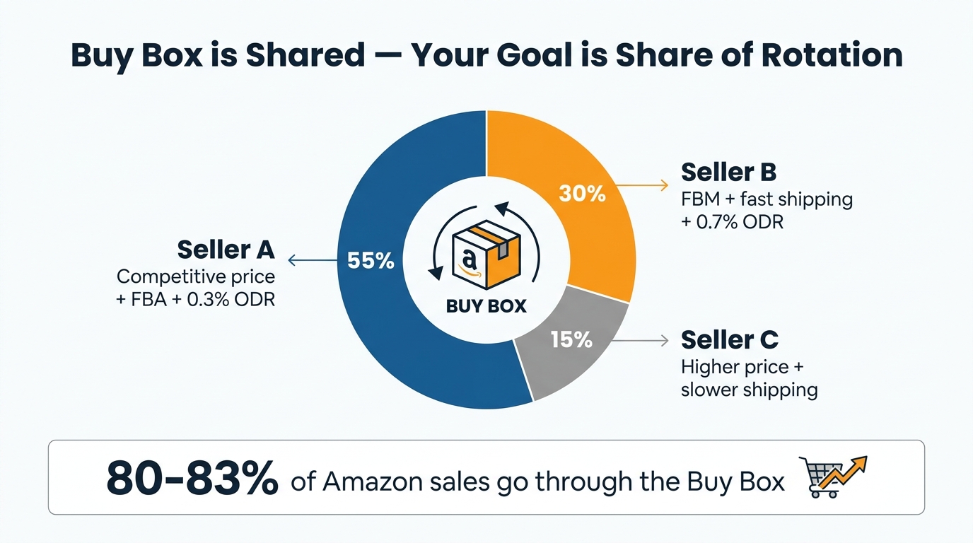 Amazon Buy Box weighted rotation pie chart showing how Buy Box time is shared among multiple sellers in 2026