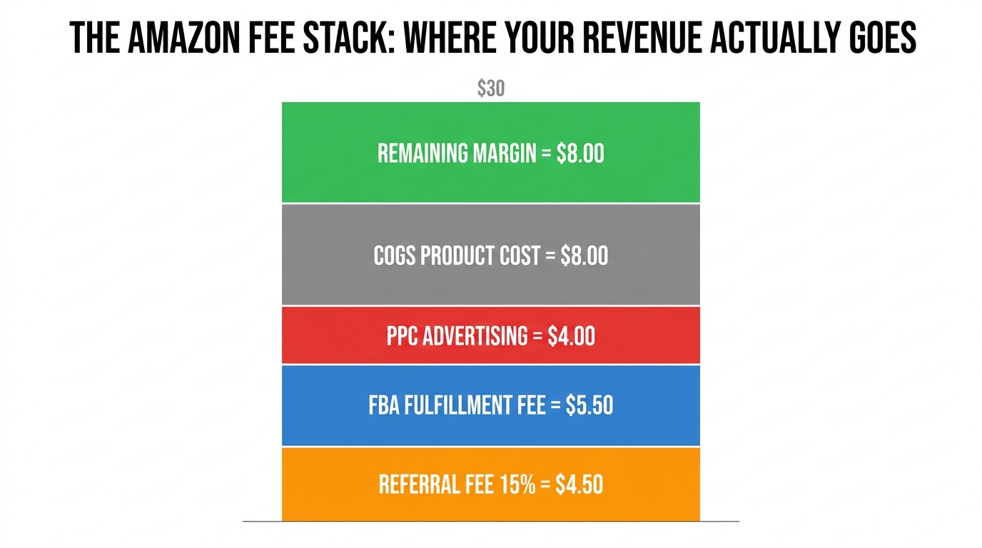 Amazon FBA fee stack breakdown infographic showing how referral fees, FBA fees, PPC spend, and COGS consume a $30 sale