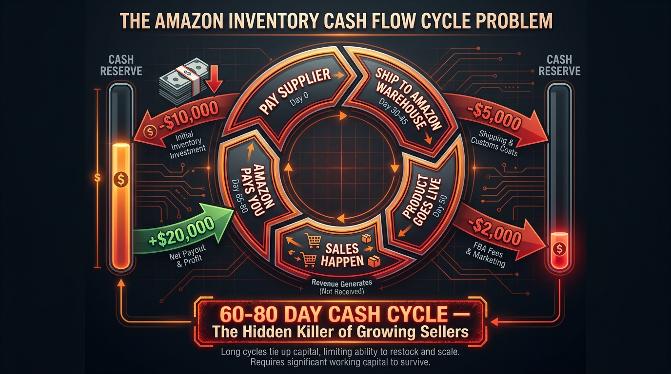 Amazon FBA cash flow cycle diagram showing the 60-80 day gap between paying suppliers and receiving payment from Amazon