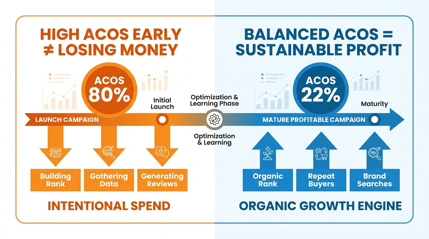 Amazon PPC advertising ACOS comparison between launch phase (80% ACOS) and mature phase (22% ACOS), showing why high early spend is intentional