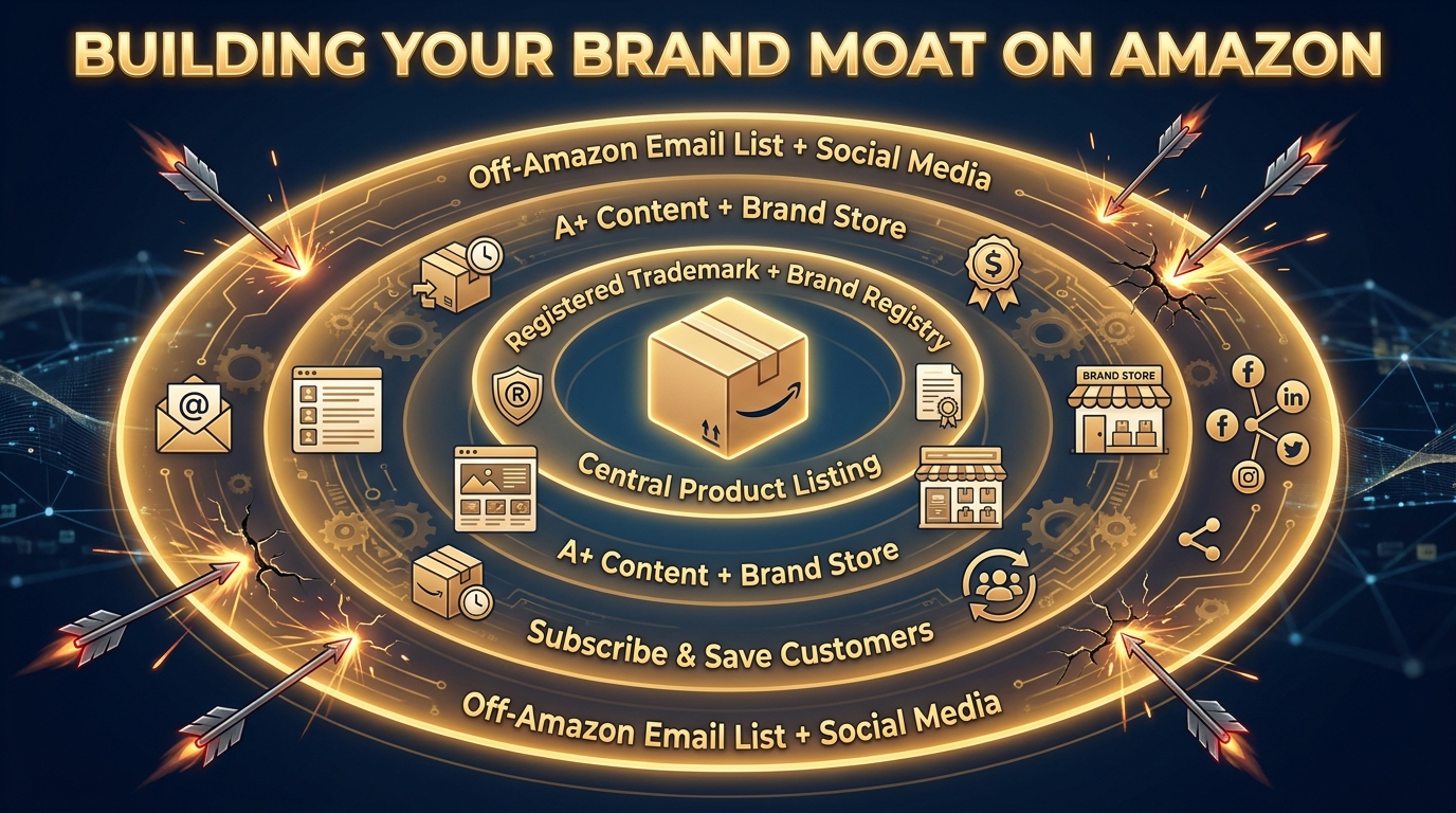Amazon brand moat diagram showing layered defensive rings: trademark, Brand Registry, A+ Content, Subscribe and Save, and off-Amazon customer list