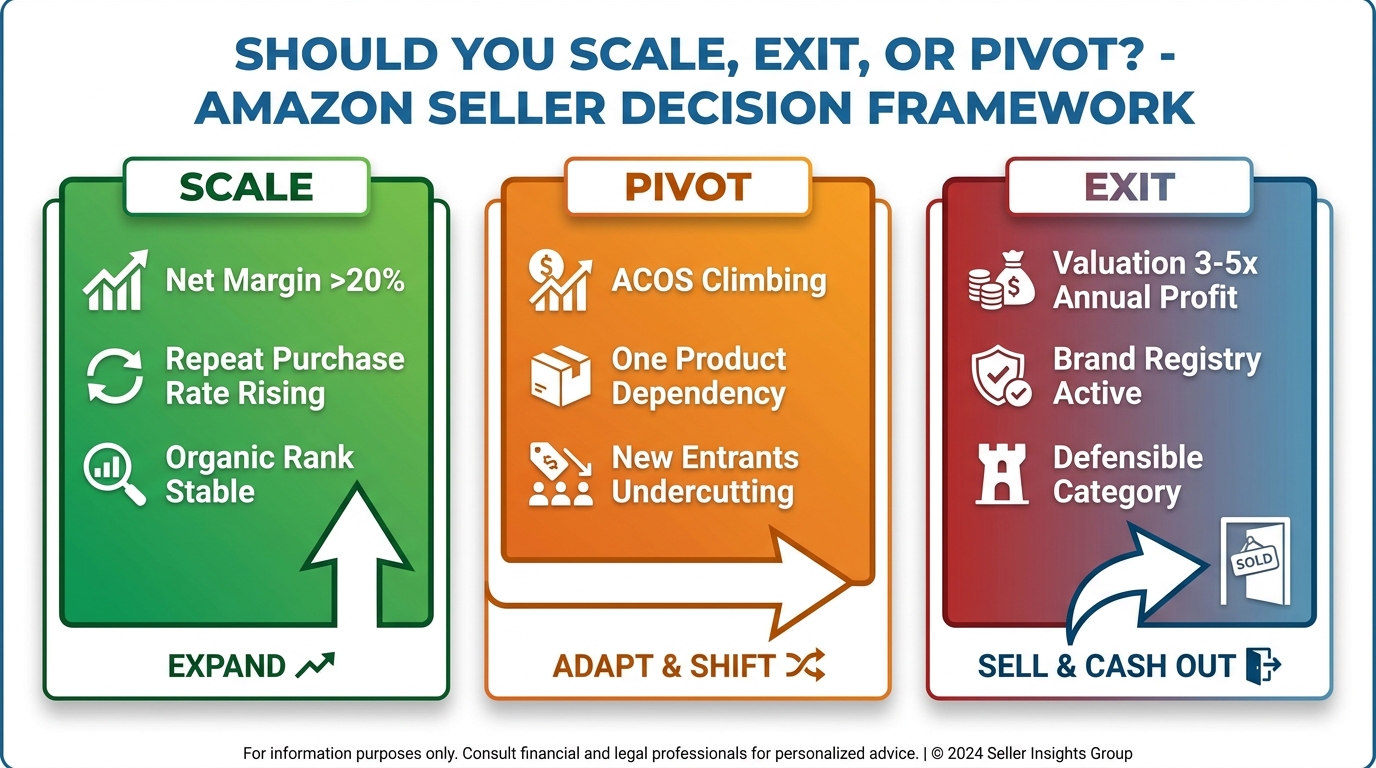 Amazon seller decision framework: should you scale, pivot, or exit? Three pathways based on margin, organic rank, competition, and valuation signals