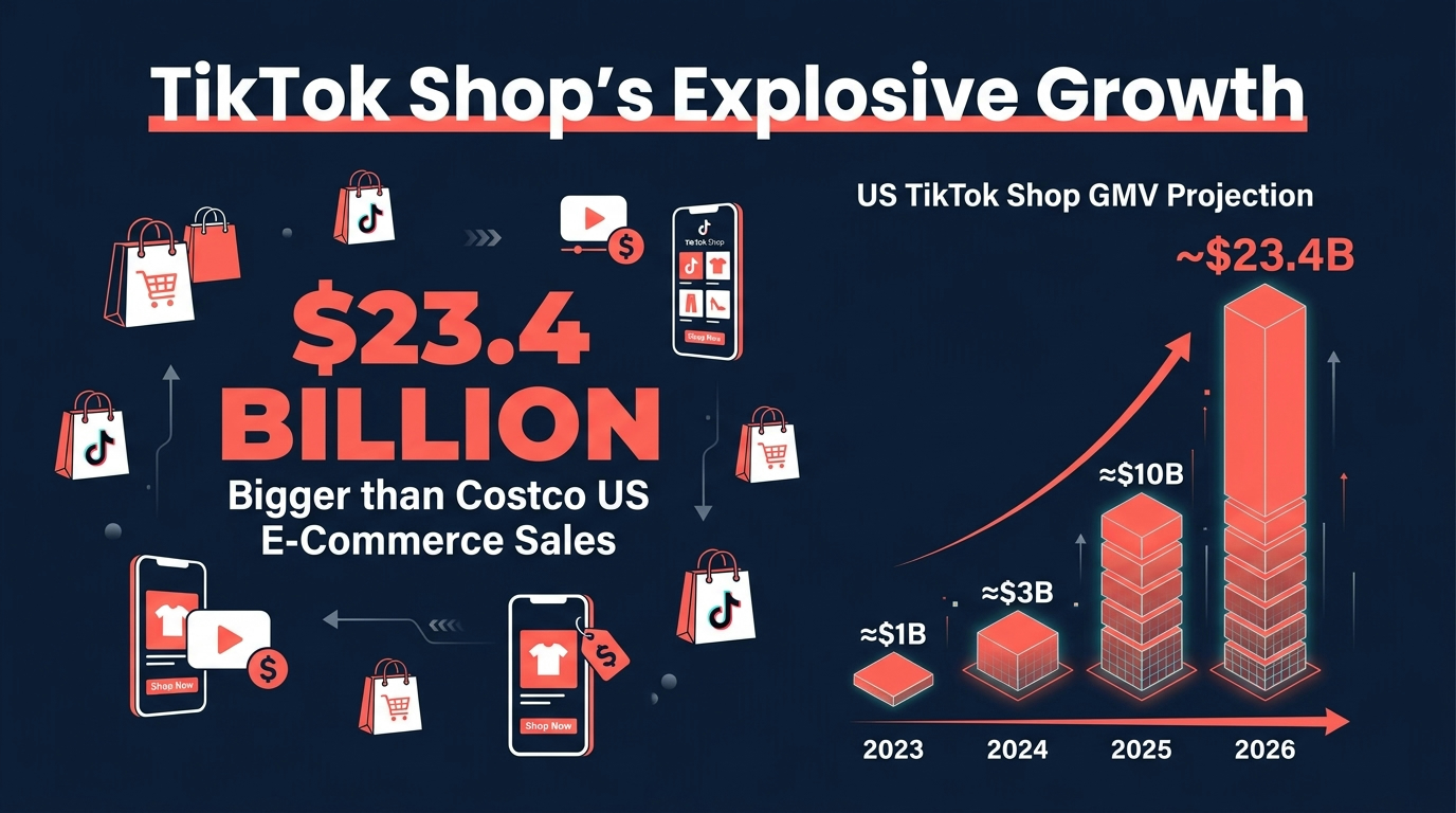 TikTok Shop US GMV projection of $23.4 billion in 2026 — bar chart growth from 2023 to 2026