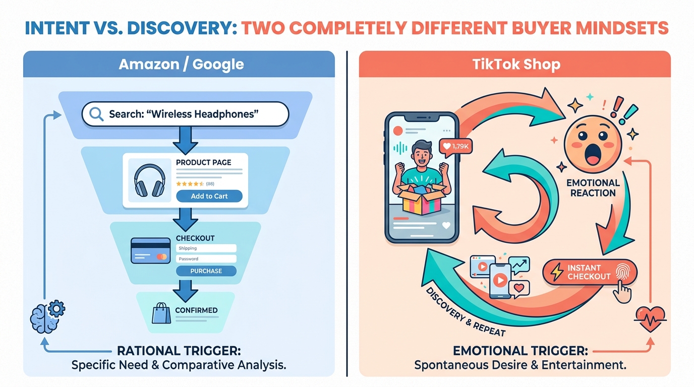 Comparison of Amazon and Google linear search funnel versus TikTok Shop's discovery loop buyer journey
