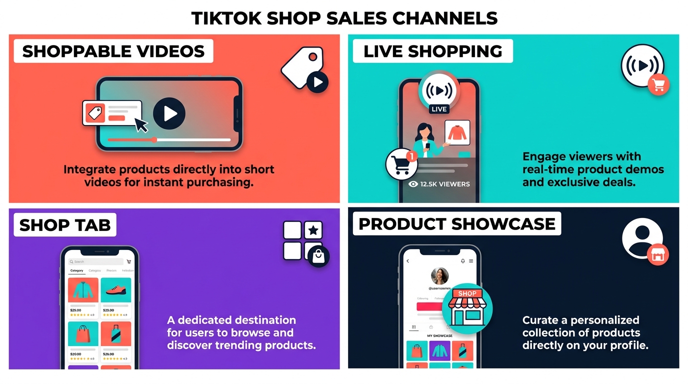 TikTok Shop's four sales channels in a 2x2 grid: Shoppable Videos, Live Shopping, Shop Tab, and Product Showcase