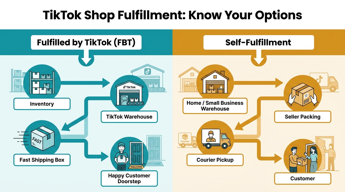 TikTok Shop fulfillment paths: Fulfilled by TikTok FBT versus seller self-fulfillment comparison diagram