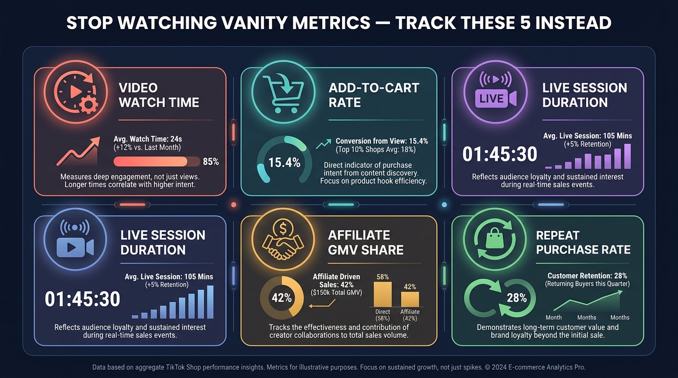 TikTok Shop analytics dashboard showing five revenue-correlated metrics: Video Watch Time, Add-to-Cart Rate, Live Session Duration, Affiliate GMV Share, Repeat Purchase Rate