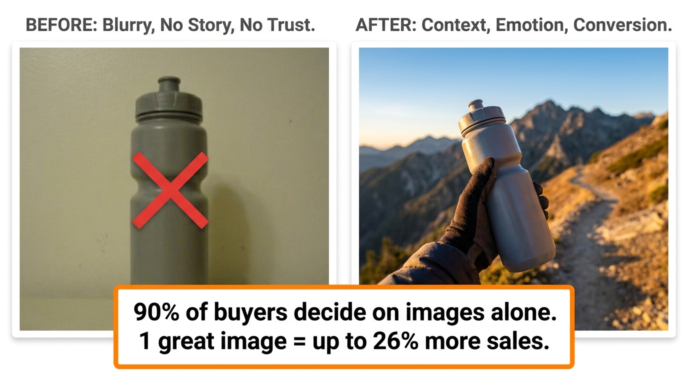 Before and after product photography comparison showing poor vs lifestyle image with 90% conversion stat