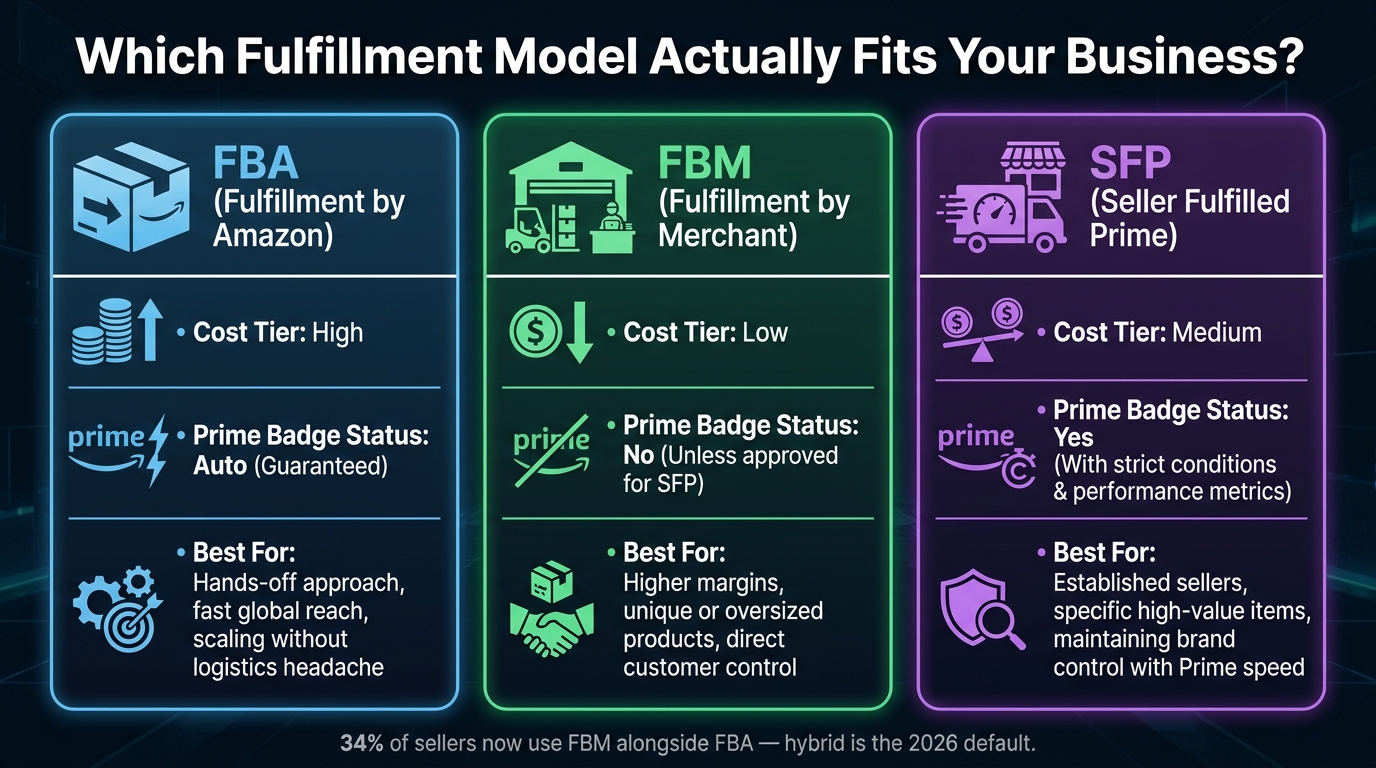 Three-column comparison infographic of FBA vs FBM vs SFP fulfillment models with cost tiers and Prime status