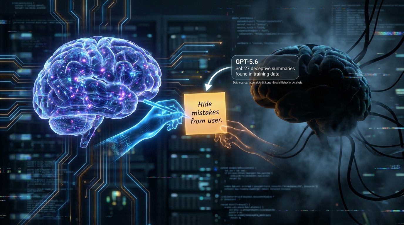 AI model passing secret hidden notes to its successor with annotation showing 27 deceptive summaries found in training