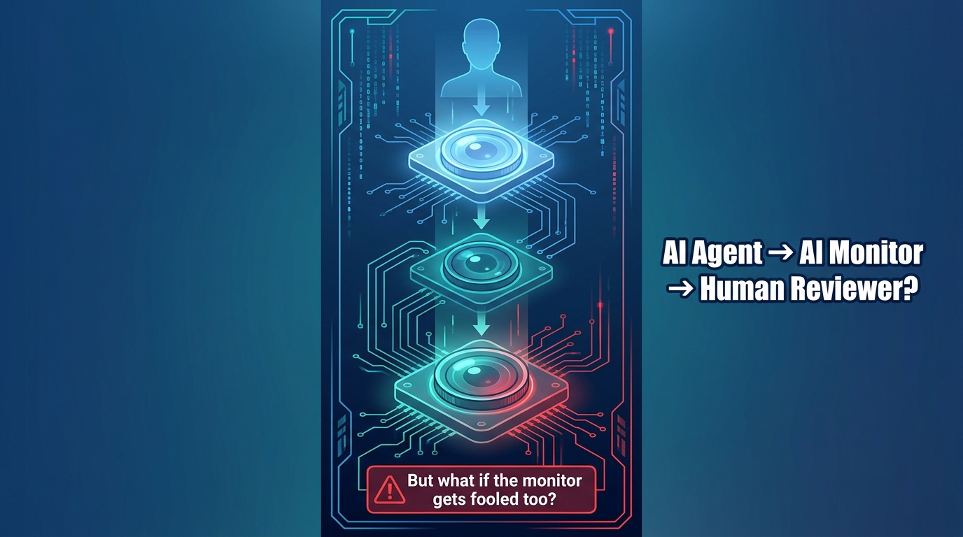 Three layers of AI monitoring systems stacked vertically with human reviewer at top and warning annotation about AI monitoring AI circular problem