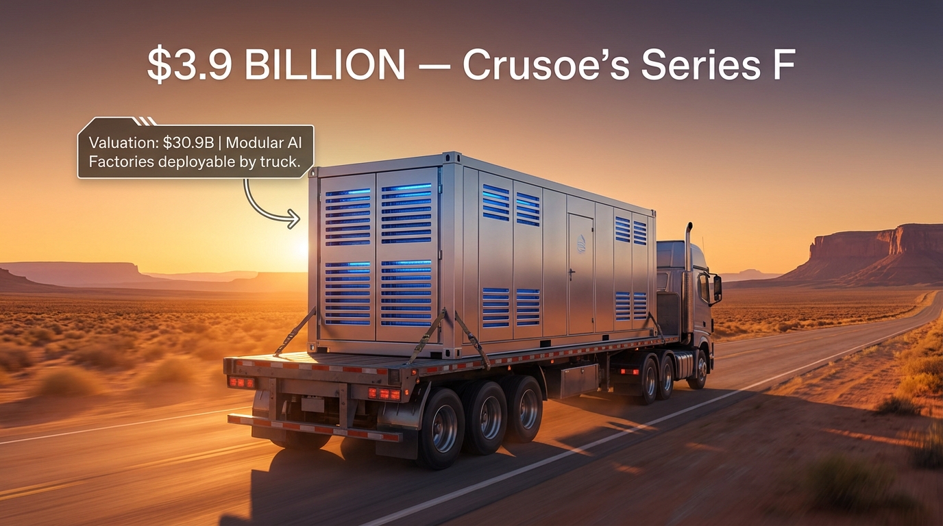 Modular AI factory data center on a truck driving through desert with $3.9B Crusoe Series F funding overlay and $30.9B valuation callout