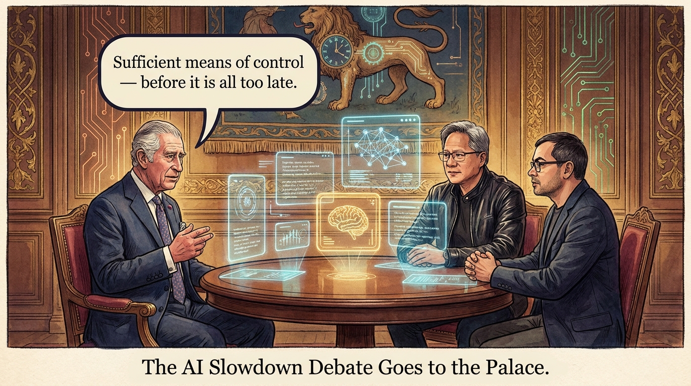 Illustration of King Charles, Jensen Huang, and Demis Hassabis at a round table with AI holograms — The AI slowdown debate goes to the palace
