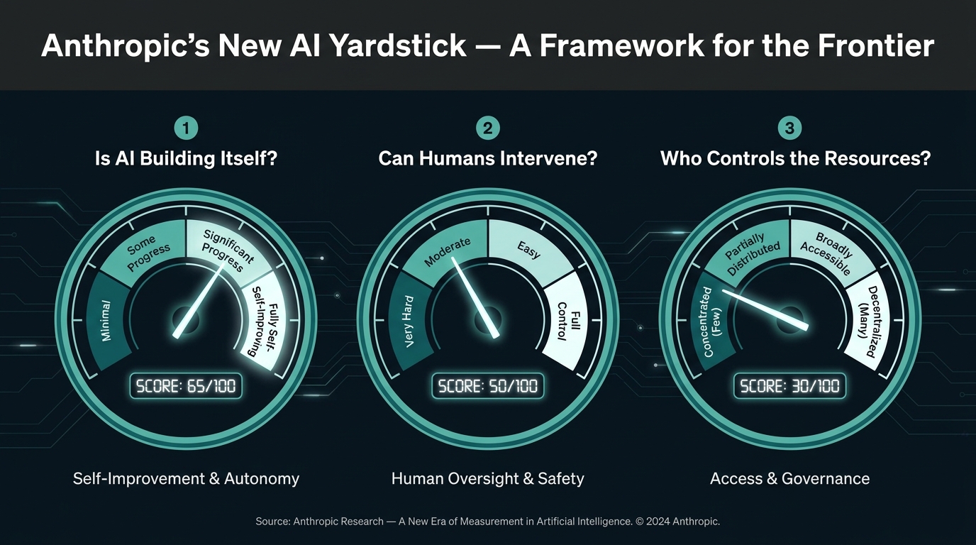 Infographic showing Anthropic's three-metric AI progress framework with three gauges measuring self-building AI, human intervention ability, and resource control