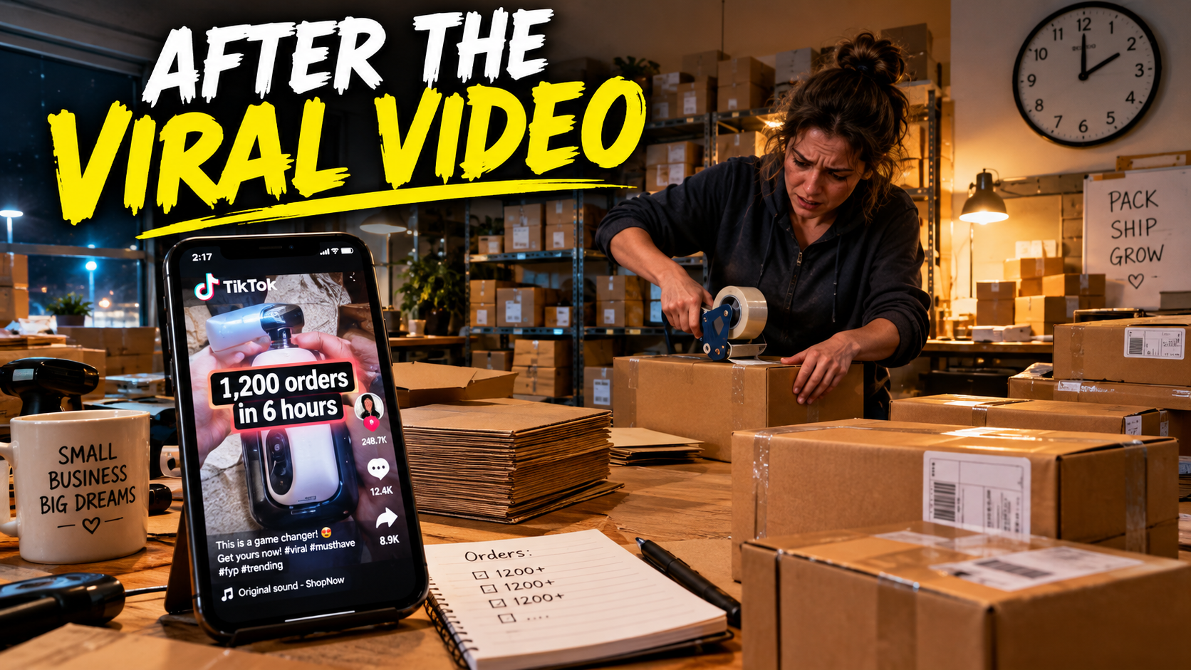 Small e-commerce warehouse at night with a phone showing a viral TikTok Shop order counter and staff packing boxes