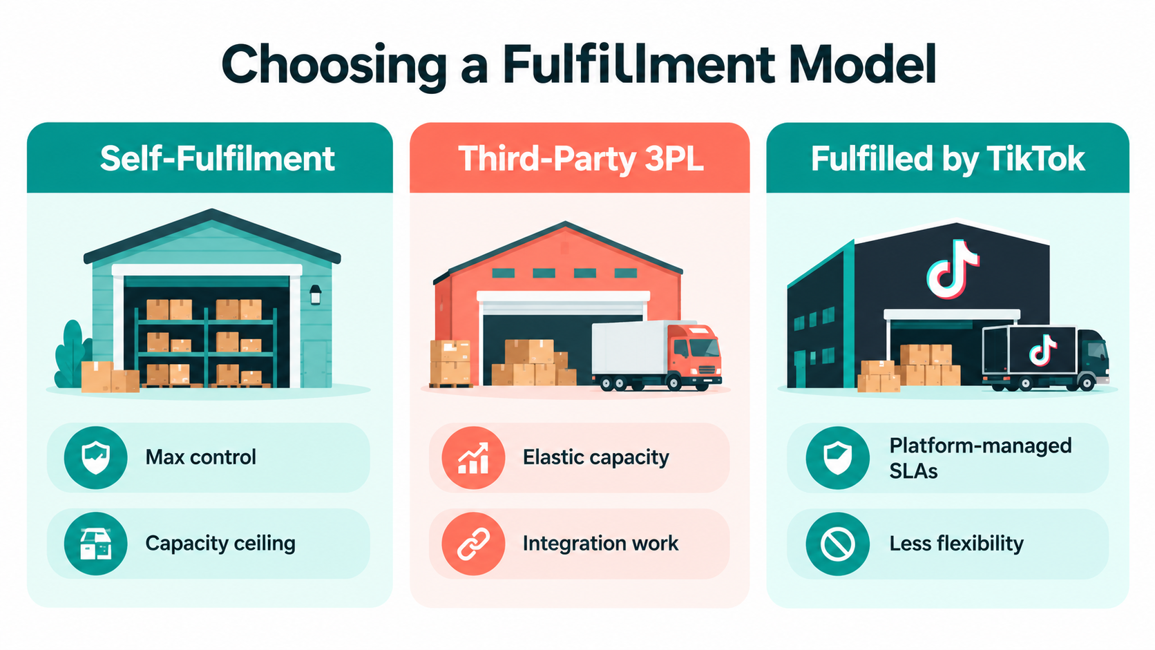 Comparison of three TikTok Shop fulfillment models: self-fulfillment, third-party 3PL, and Fulfilled by TikTok, with pros and tradeoffs