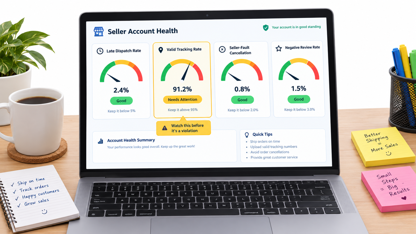 Seller account health dashboard on a laptop with gauges for late dispatch rate, valid tracking rate, seller-fault cancellations, and negative review rate