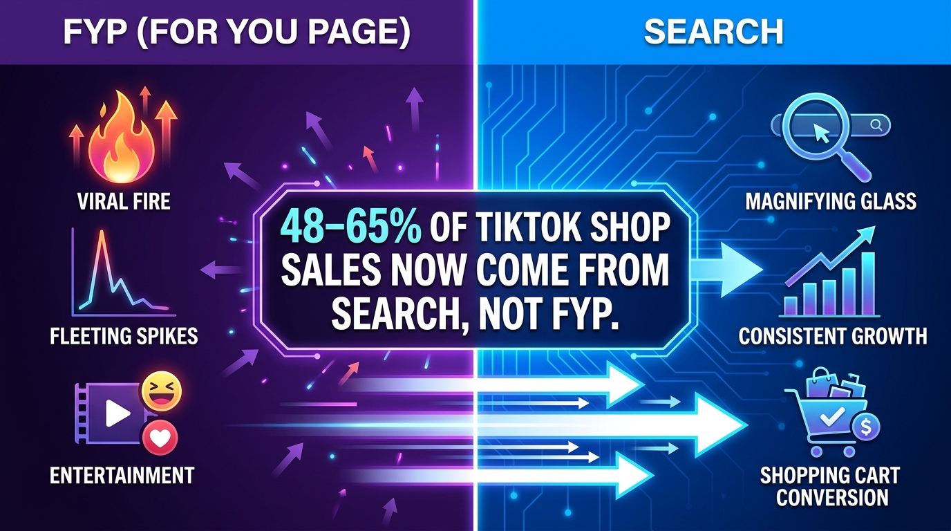 Infographic comparing TikTok Shop FYP vs Search: 48-65% of sales now come from search, not the For You Page