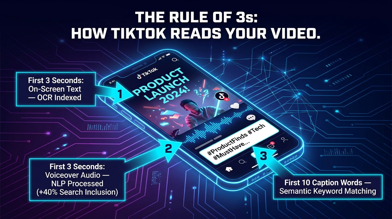 Diagram of TikTok's Rule of 3s multi-modal indexing system showing OCR, NLP audio processing, and caption keyword weighting