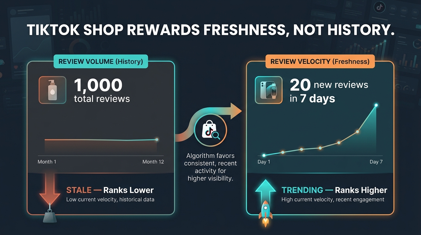 Review velocity vs review volume comparison: 20 new reviews in 7 days outranks 1,000 stagnant reviews on TikTok Shop