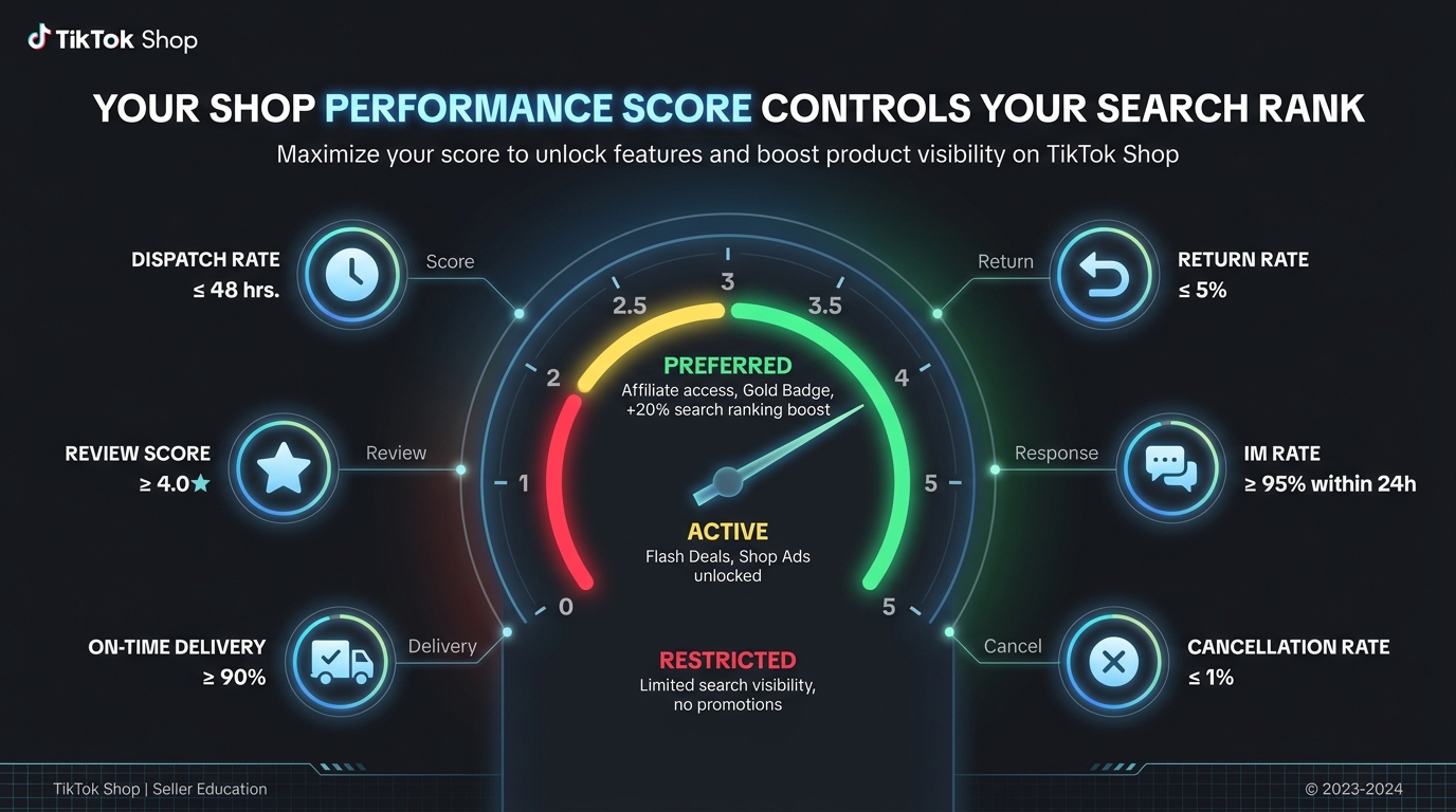 TikTok Shop Performance Score dashboard showing how scores from 0-5 affect search ranking, promotions access, and affiliate eligibility