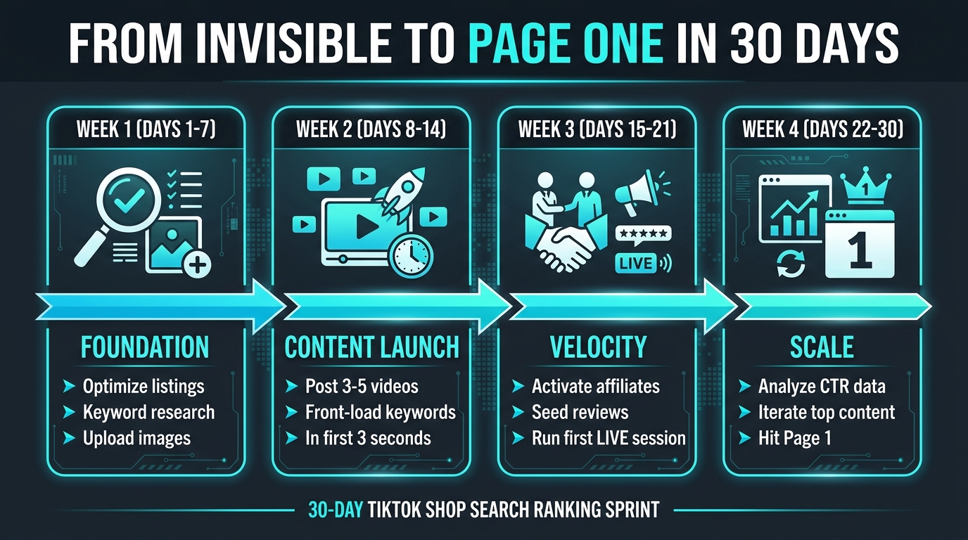 30-day TikTok Shop search ranking sprint timeline showing weekly milestones from listing optimization to Page 1 ranking