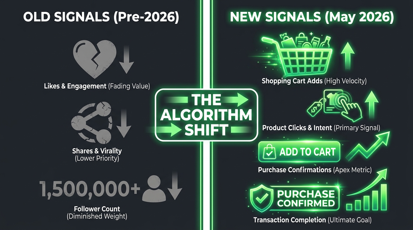 Old entertainment signals vs new commerce signals in TikTok's 2026 algorithm — shift from likes and shares to shopping carts and purchases