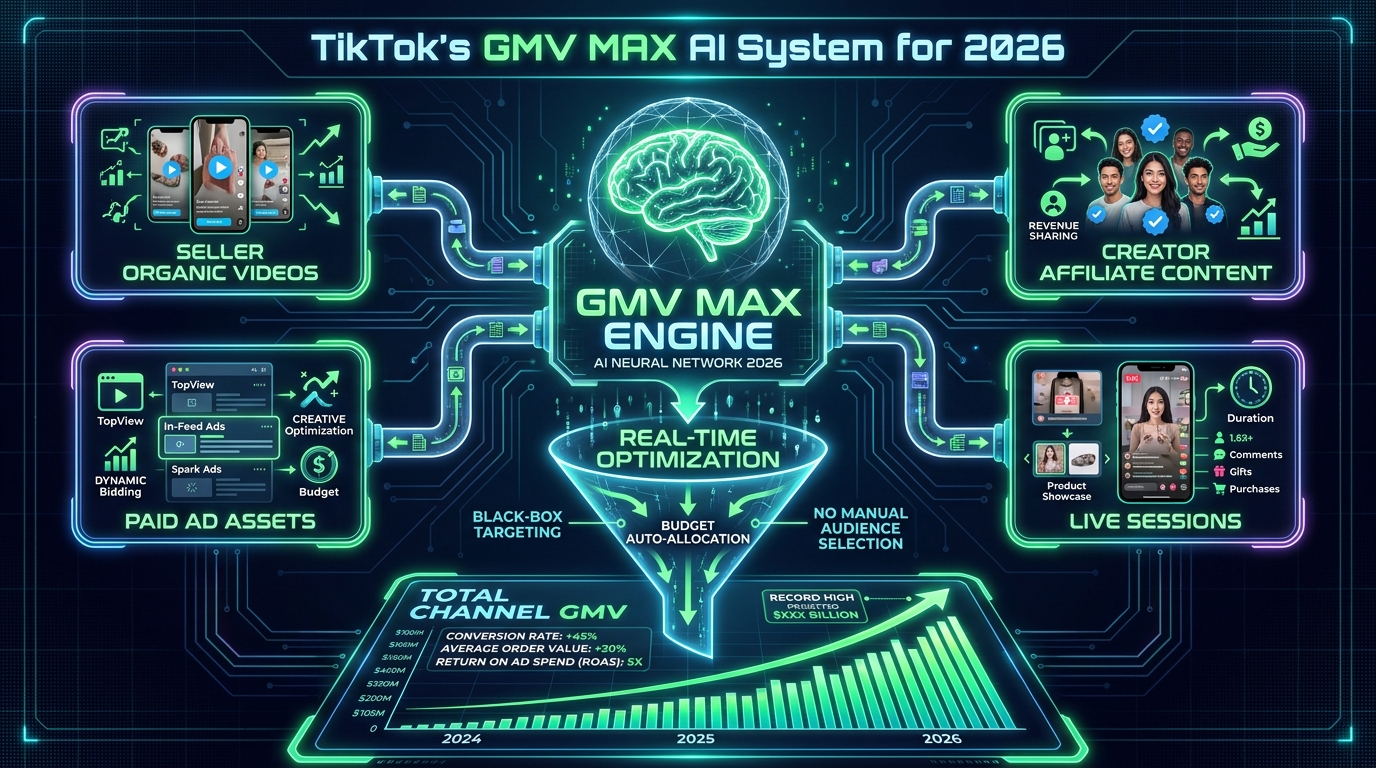 GMV Max AI engine diagram showing how TikTok Shop's automated campaign system connects seller videos, creator content, paid assets, and LIVE sessions