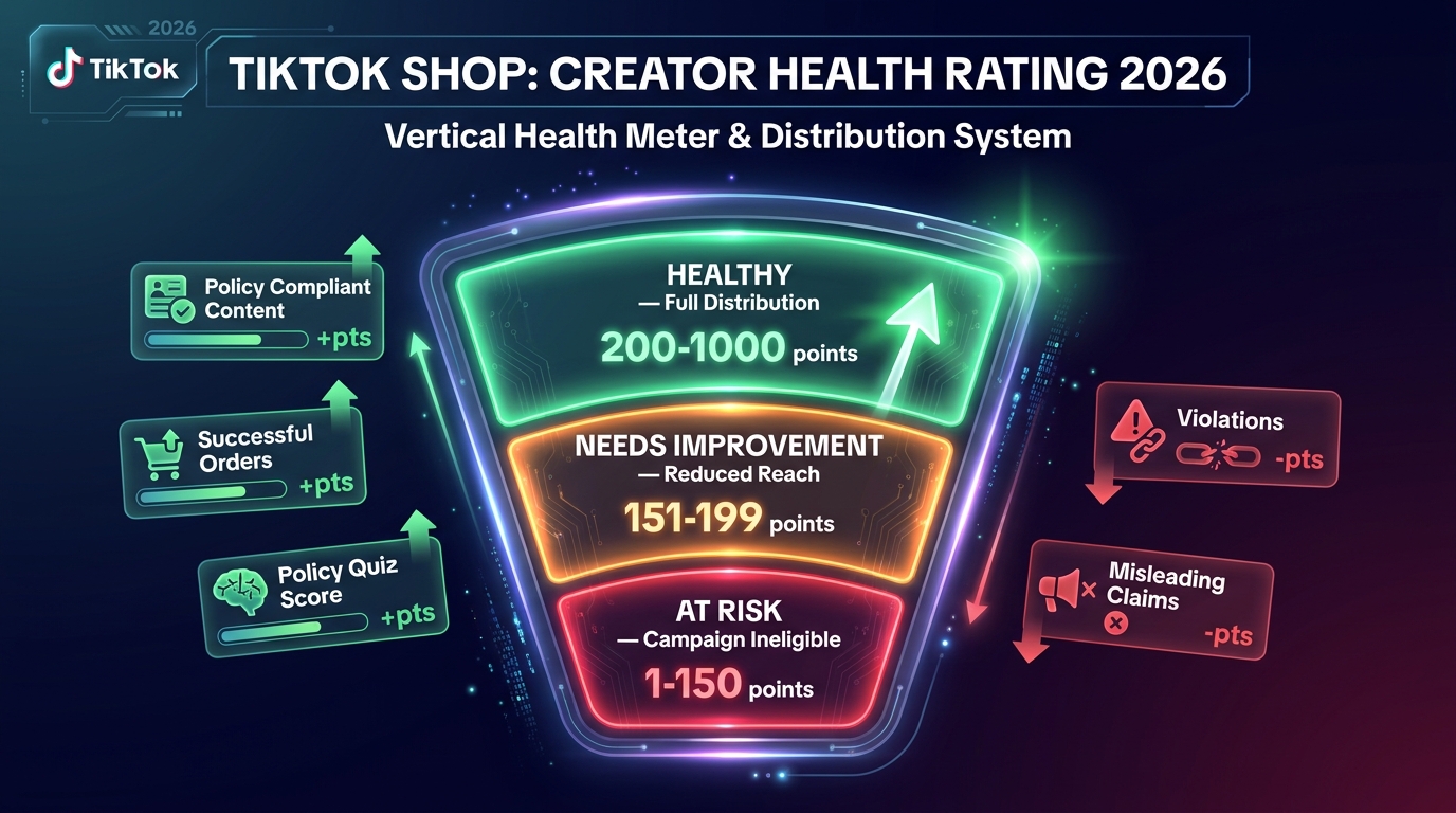TikTok Shop Creator Health Rating system 2026 — green, orange, and red tiers showing score thresholds and distribution consequences