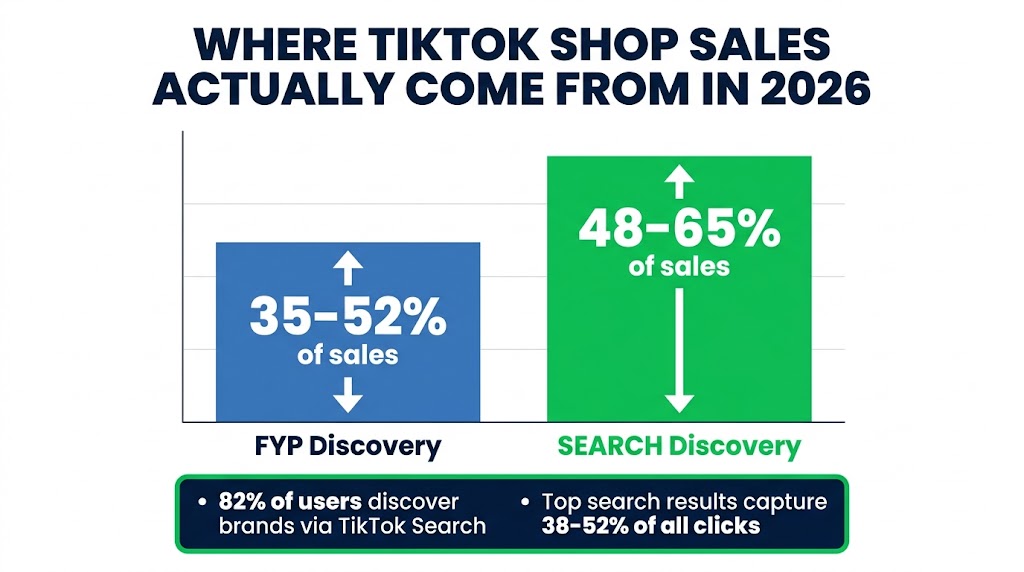 Bar chart showing TikTok Shop 2026 search driving 48-65% of sales versus FYP at 35-52% — search is now the primary discovery channel