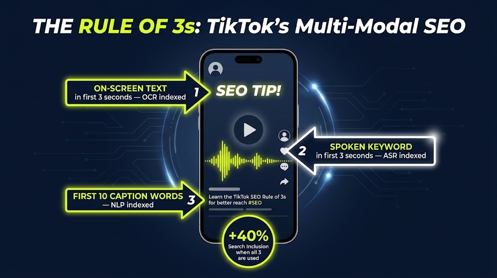The Rule of 3s framework for TikTok Shop SEO in 2026 — on-screen text, spoken keyword, and caption front-loading for multi-modal search indexing