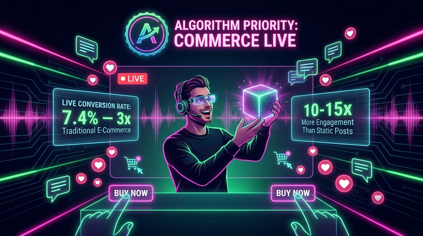 TikTok LIVE commerce 2026 showing 7.4% conversion rate — 3x traditional e-commerce average — and 10-15x more engagement than static posts