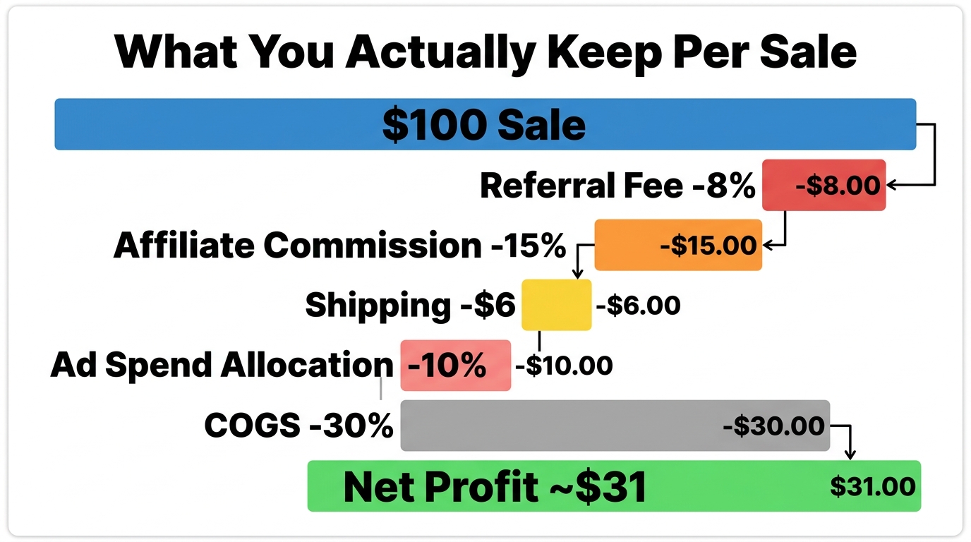Waterfall cost breakdown showing what a TikTok Shop seller actually keeps per $100 sale after all fees