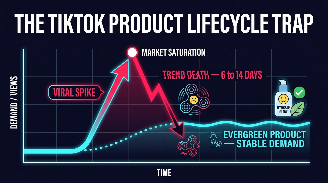 TikTok product lifecycle graph showing viral spike vs evergreen product demand curves