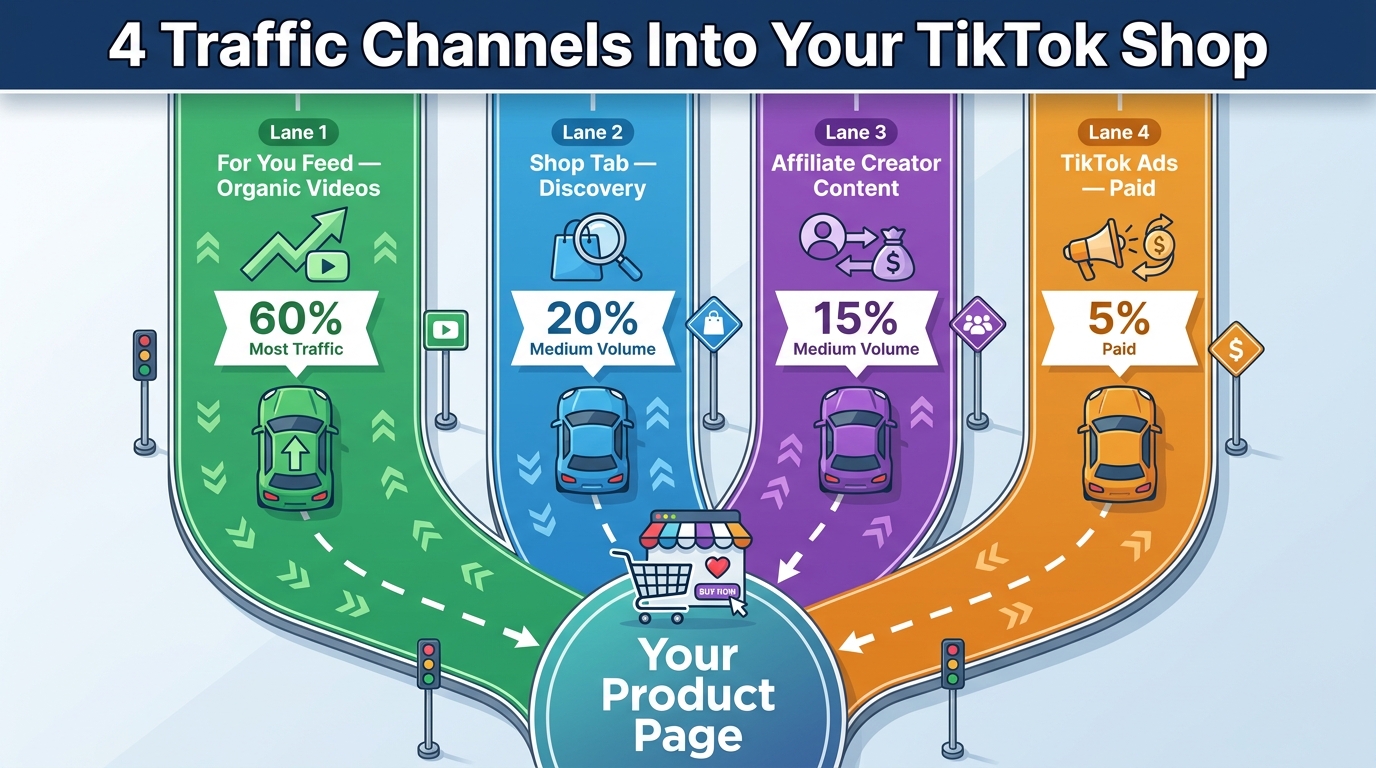 Diagram of four TikTok Shop traffic channels merging into a product page — organic, shop tab, affiliates, and paid ads