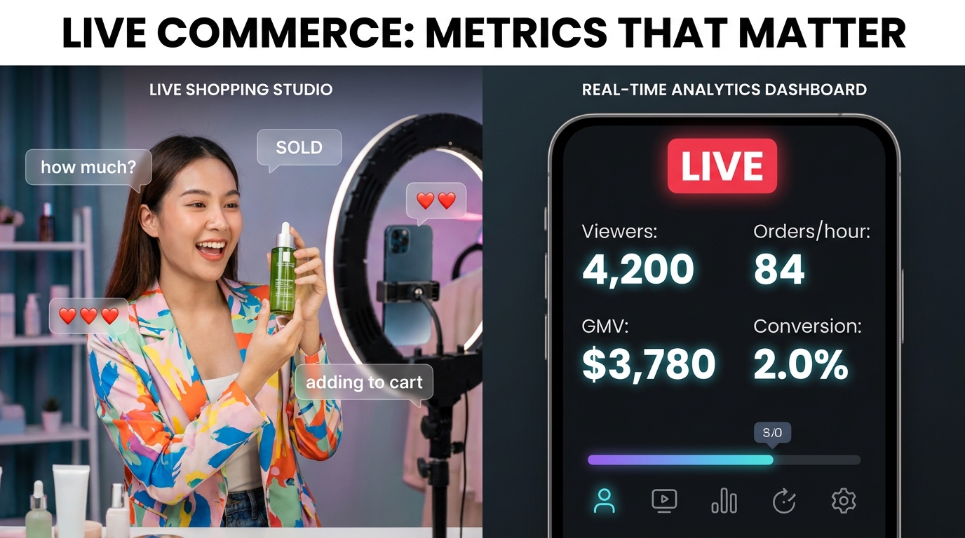TikTok Live commerce session showing creator demonstrating product with live sales metrics dashboard