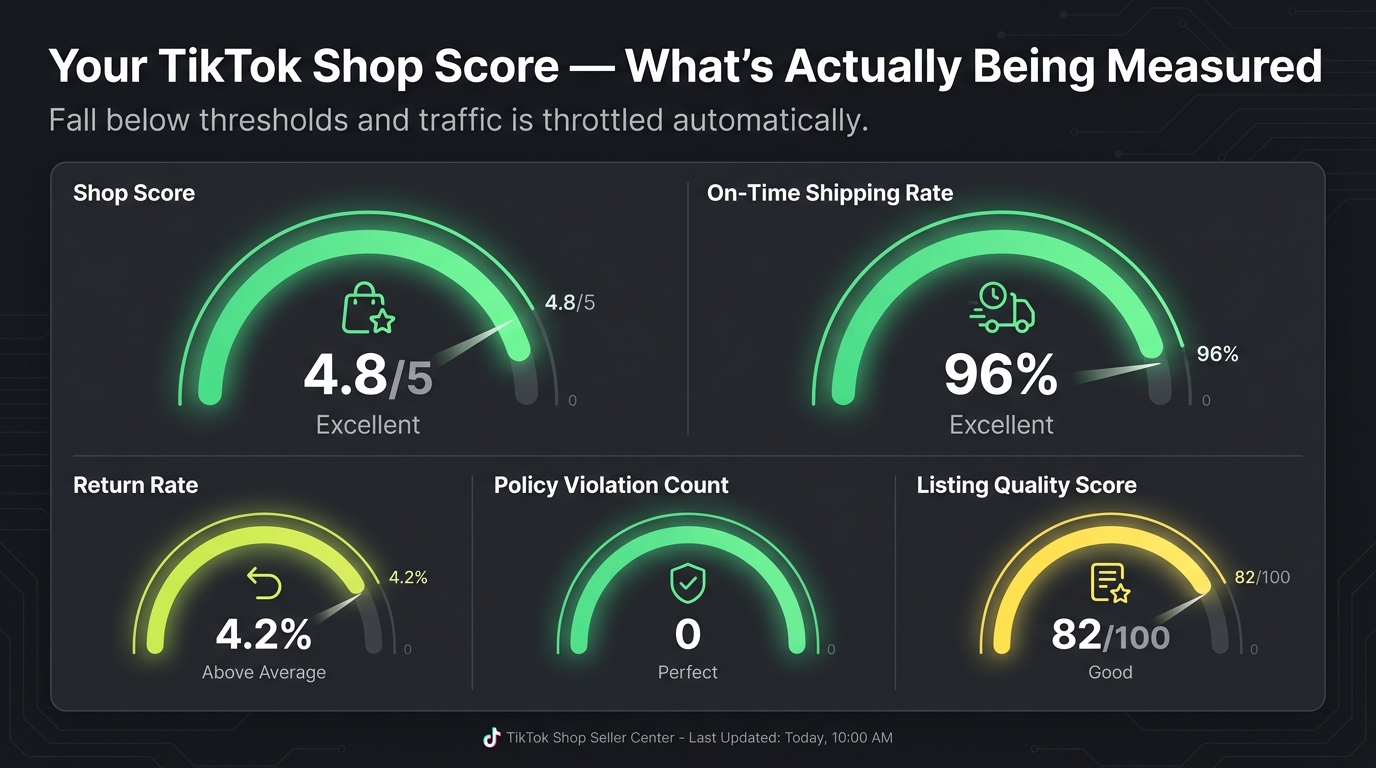 TikTok Shop seller health scorecard dashboard showing shop score, shipping rate, return rate, and listing quality metrics