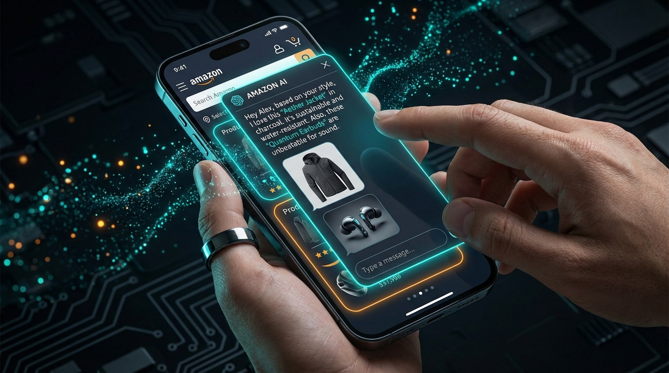 Futuristic Amazon AI shopping assistant interface on smartphone with conversational product recommendations