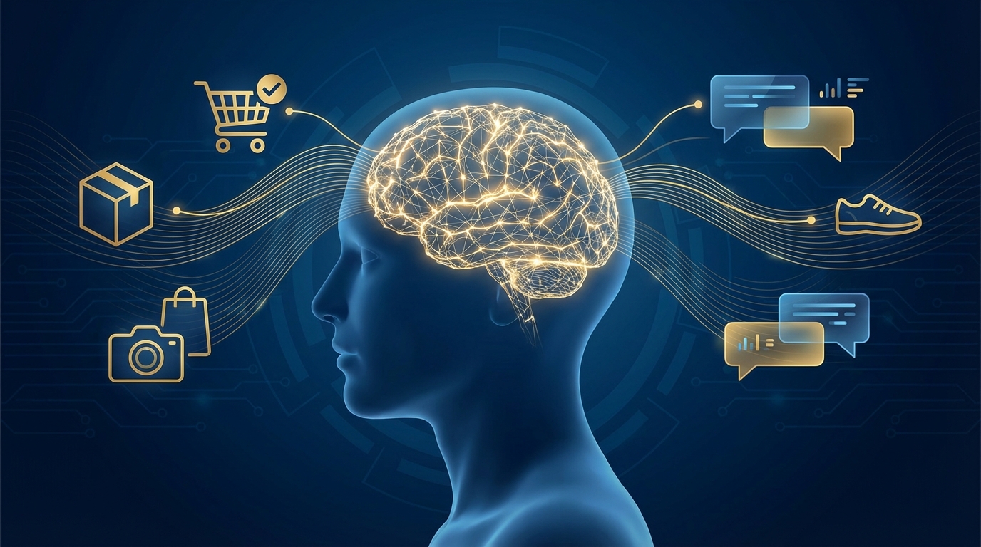 Abstract visualization of AI-guided buyer psychology with neural network and shopping intent connections