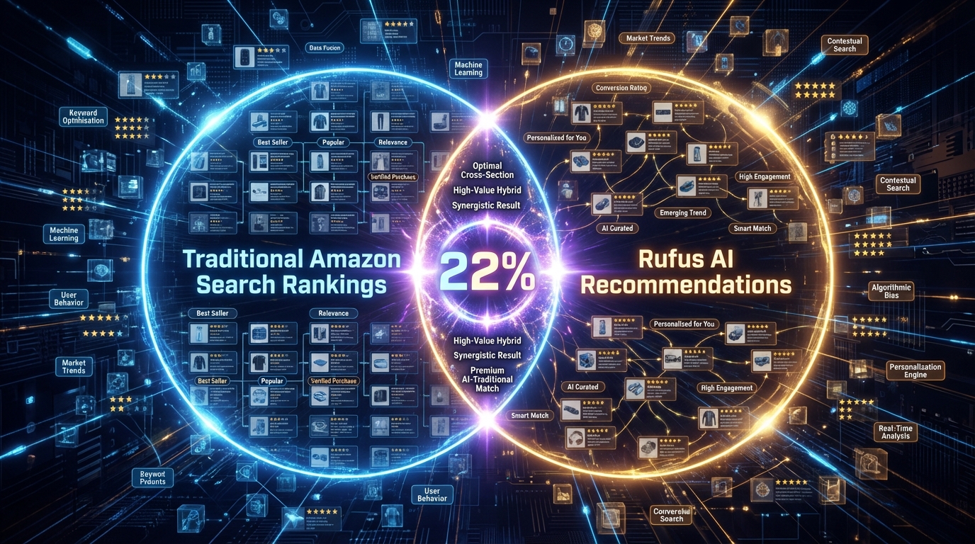 Venn diagram showing only 22% overlap between traditional Amazon search rankings and Rufus AI recommendations