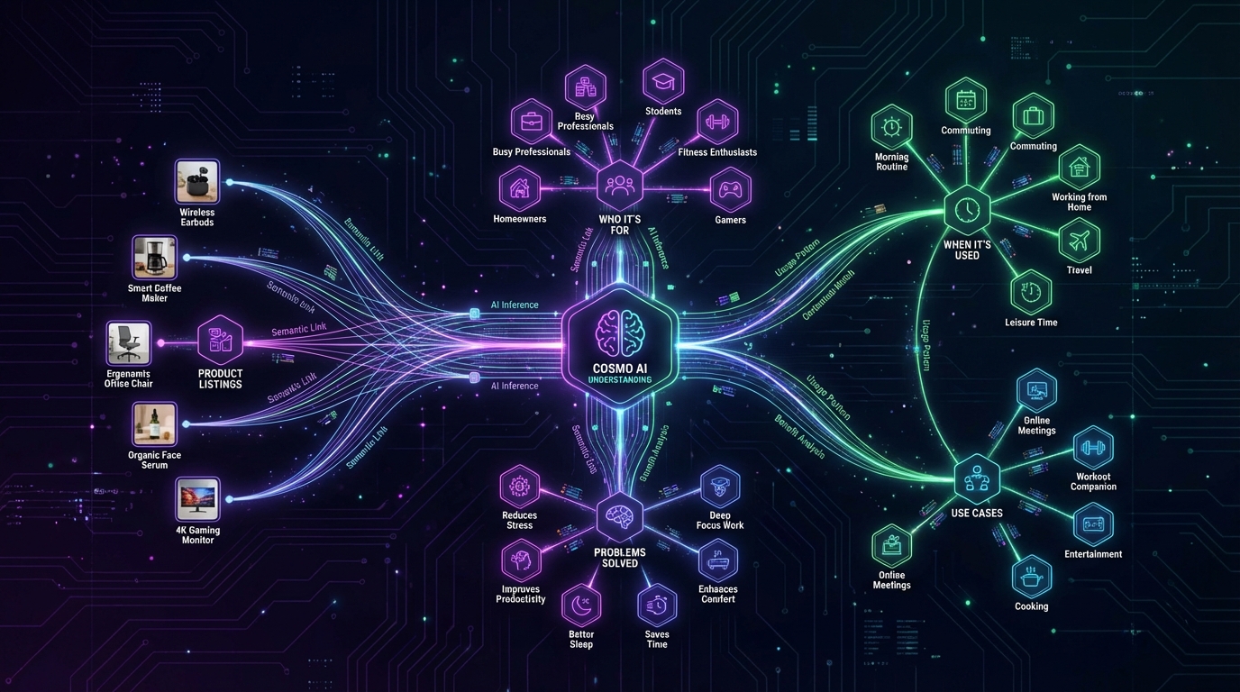 COSMO knowledge graph network diagram showing product listings connected to semantic intent nodes and shopper use cases
