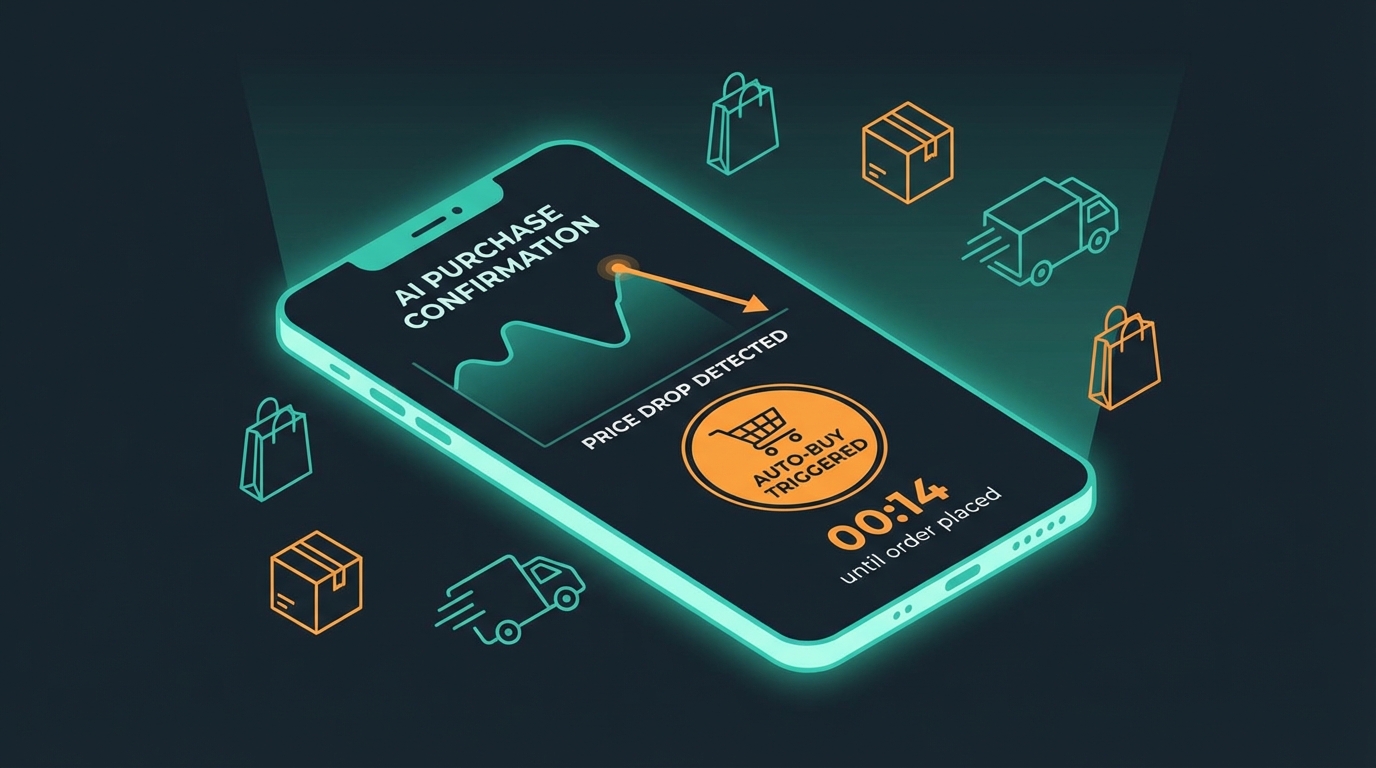 Smartphone showing Amazon AI auto-buy feature with price tracking graph and automated purchase notification