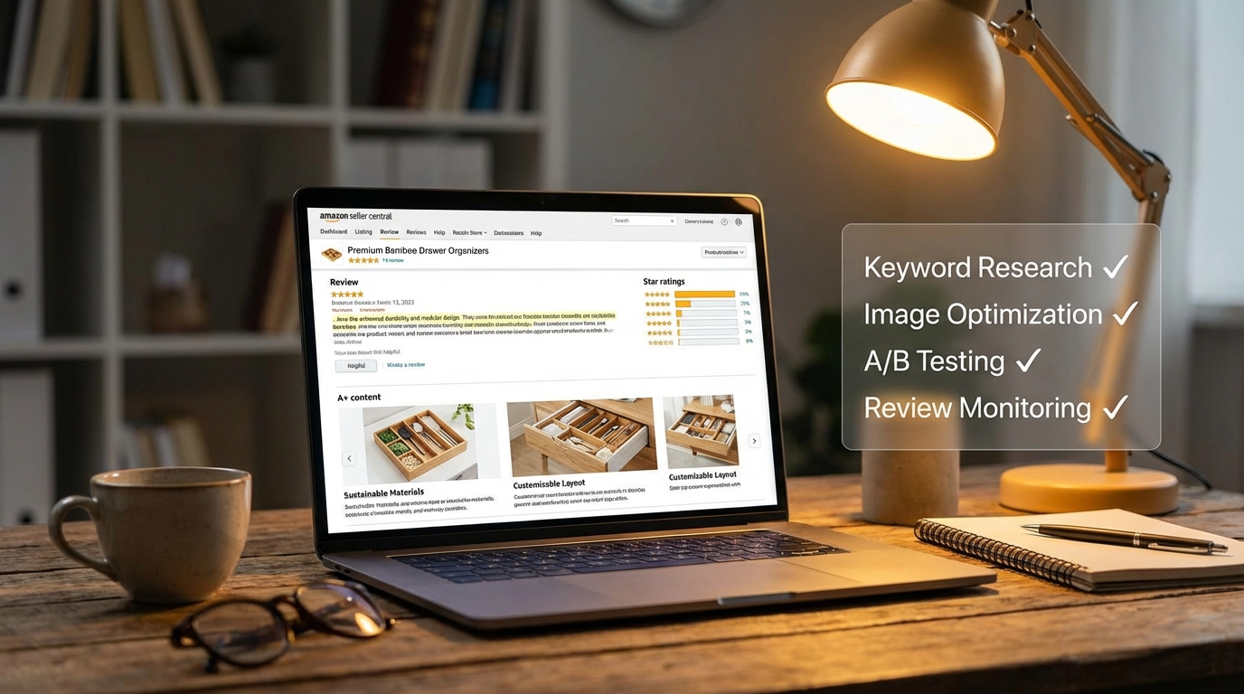 Amazon seller workstation with laptop showing listing optimization review text and structured checklist