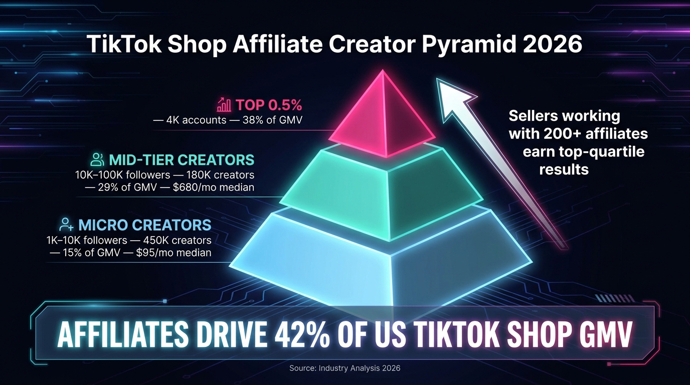 TikTok Shop affiliate creator pyramid 2026 — micro, mid-tier, and top-tier creators by GMV contribution